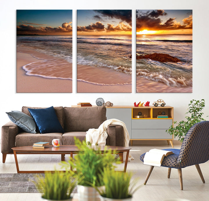 Breathtaking Sunset and Calm Beach Waves Canvas Wall Art Print