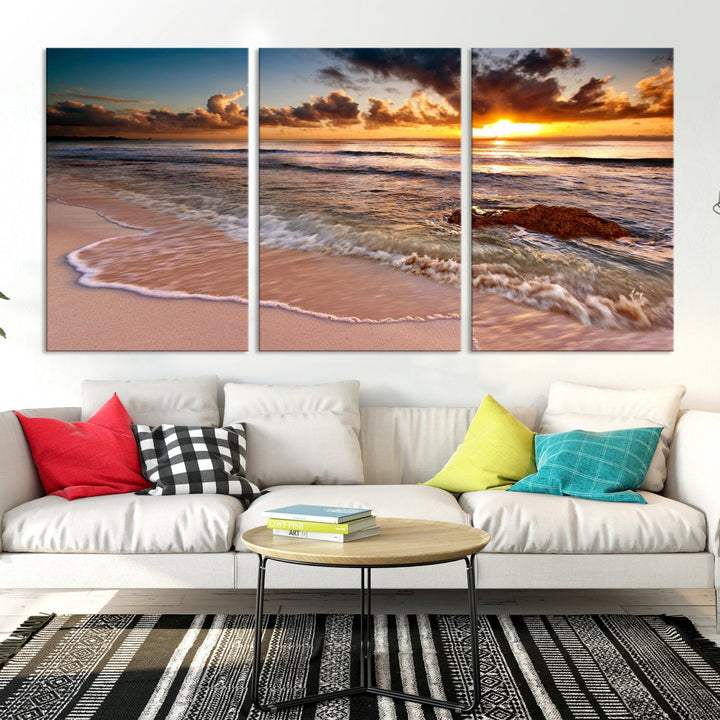 Breathtaking Sunset and Calm Beach Waves Canvas Wall Art Print