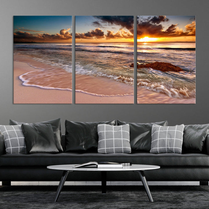 Breathtaking Sunset and Calm Beach Waves Canvas Wall Art Print