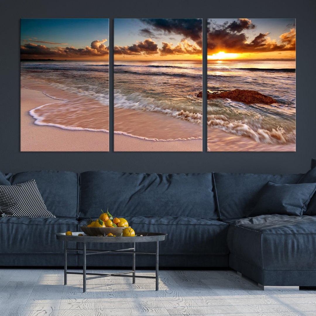 Breathtaking Sunset and Calm Beach Waves Canvas Wall Art Print