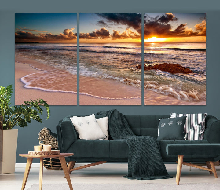 Breathtaking Sunset and Calm Beach Waves Canvas Wall Art Print