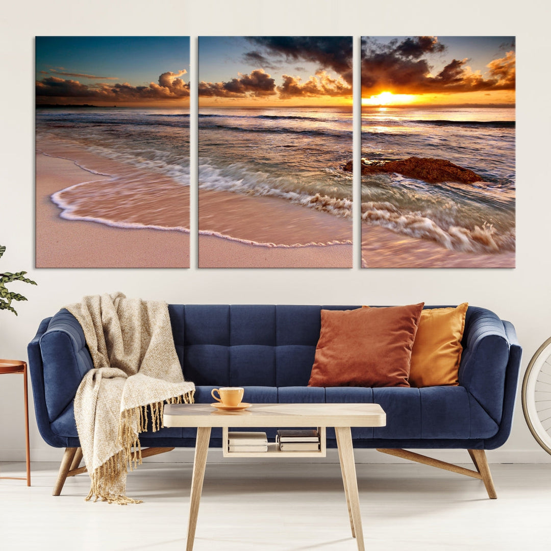 Breathtaking Sunset and Calm Beach Waves Canvas Wall Art Print