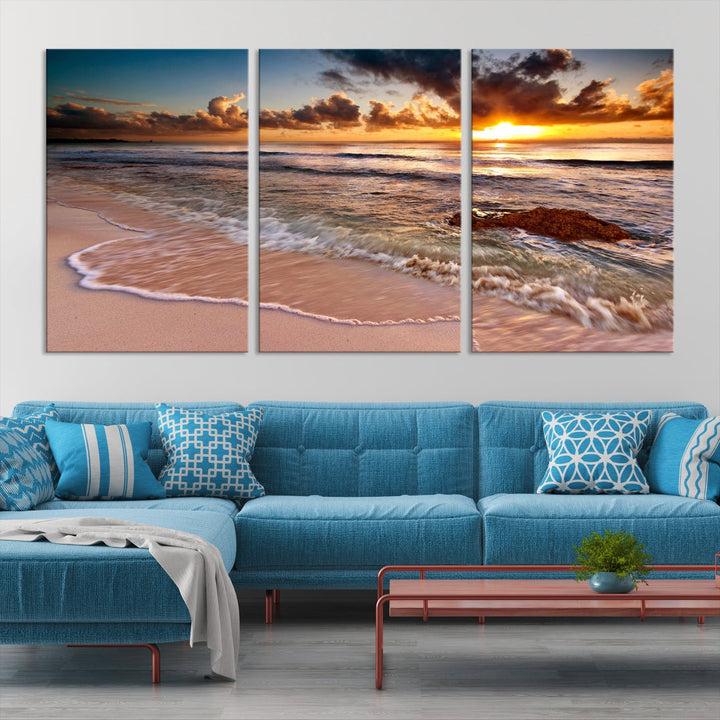 Breathtaking Sunset and Calm Beach Waves Canvas Wall Art Print