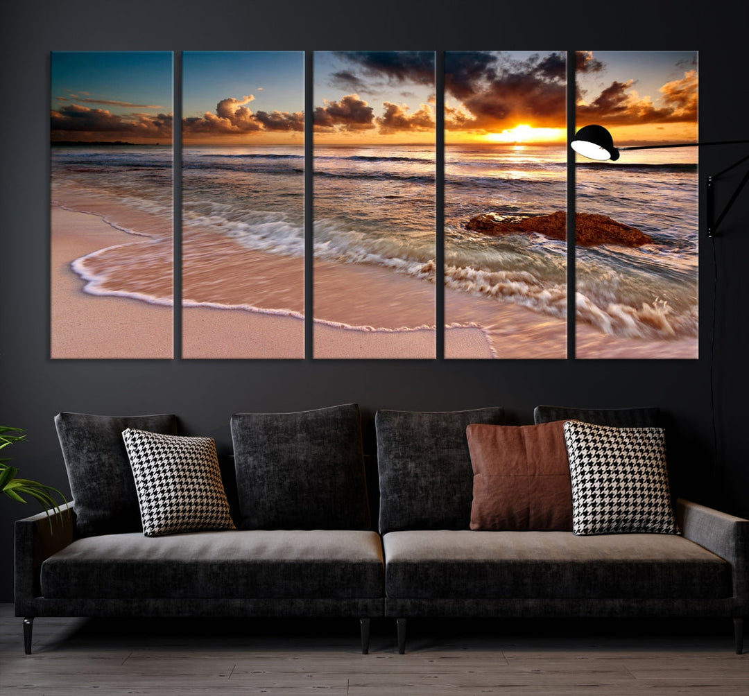 Breathtaking Sunset and Calm Beach Waves Canvas Wall Art Print