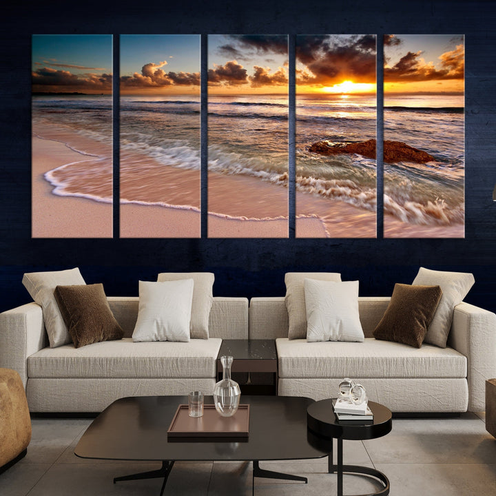 Breathtaking Sunset and Calm Beach Waves Canvas Wall Art Print