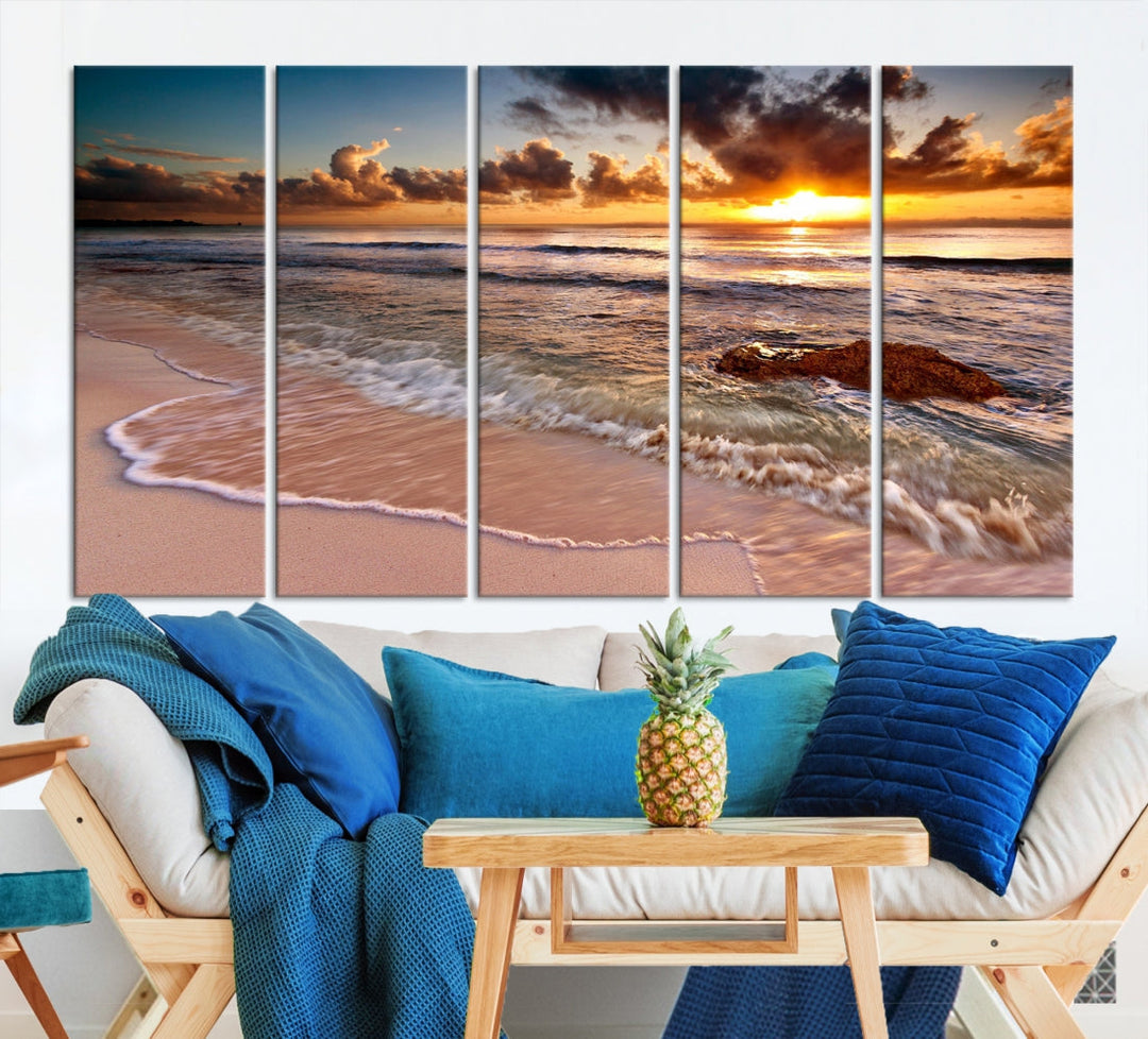 Breathtaking Sunset and Calm Beach Waves Canvas Wall Art Print