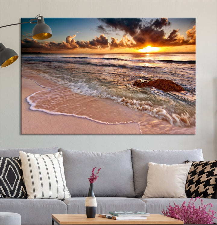 Breathtaking Sunset and Calm Beach Waves Canvas Wall Art Print