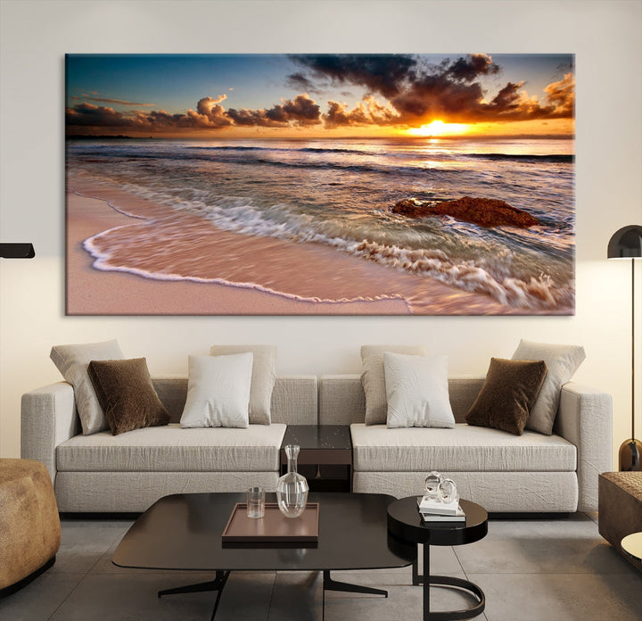 Breathtaking Sunset and Calm Beach Waves Canvas Wall Art Print