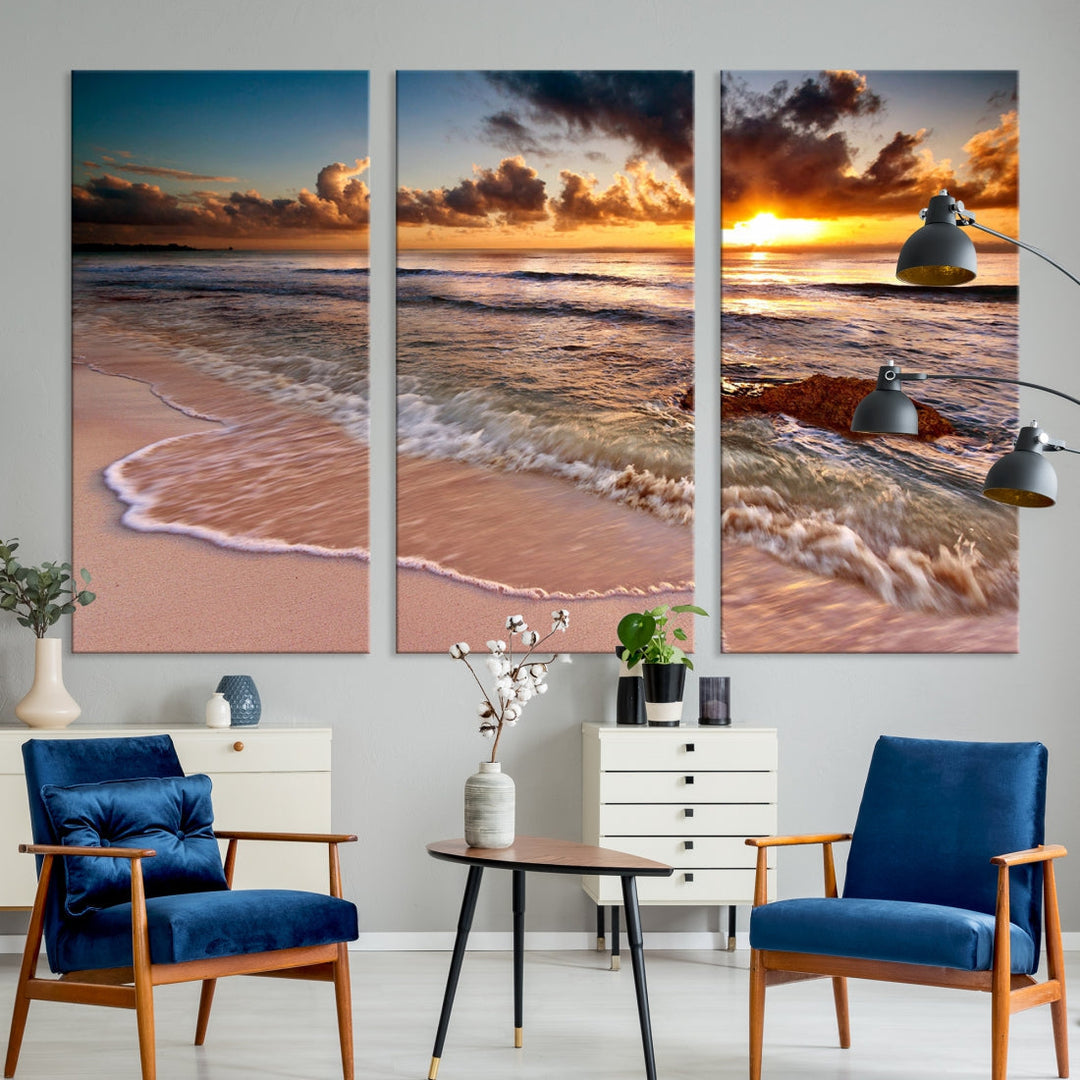 Breathtaking Sunset and Calm Beach Waves Canvas Wall Art Print