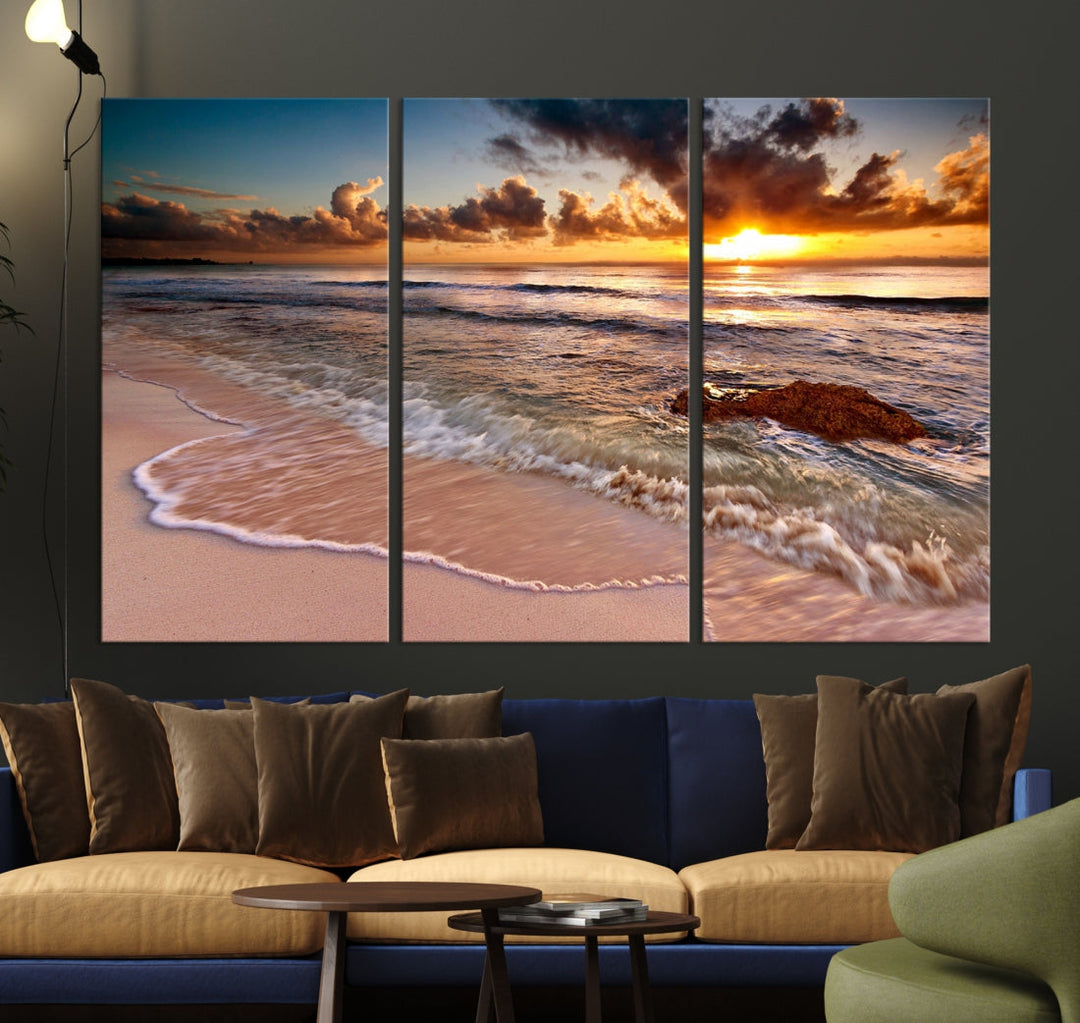 Breathtaking Sunset and Calm Beach Waves Canvas Wall Art Print