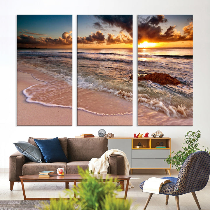 Breathtaking Sunset and Calm Beach Waves Canvas Wall Art Print