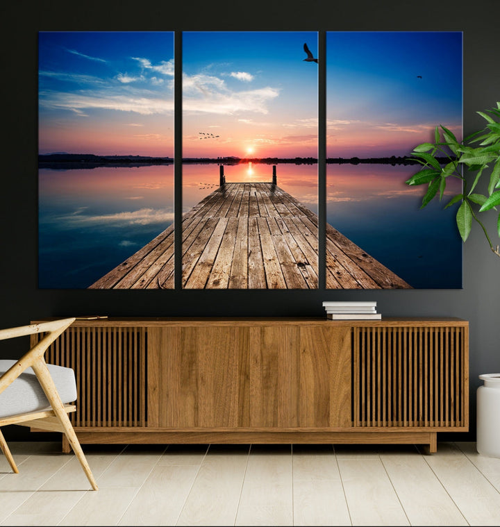 Breathtaking Sunset and Wooden Pier Canvas Wall Art Print Landscape Artwork for Decoration