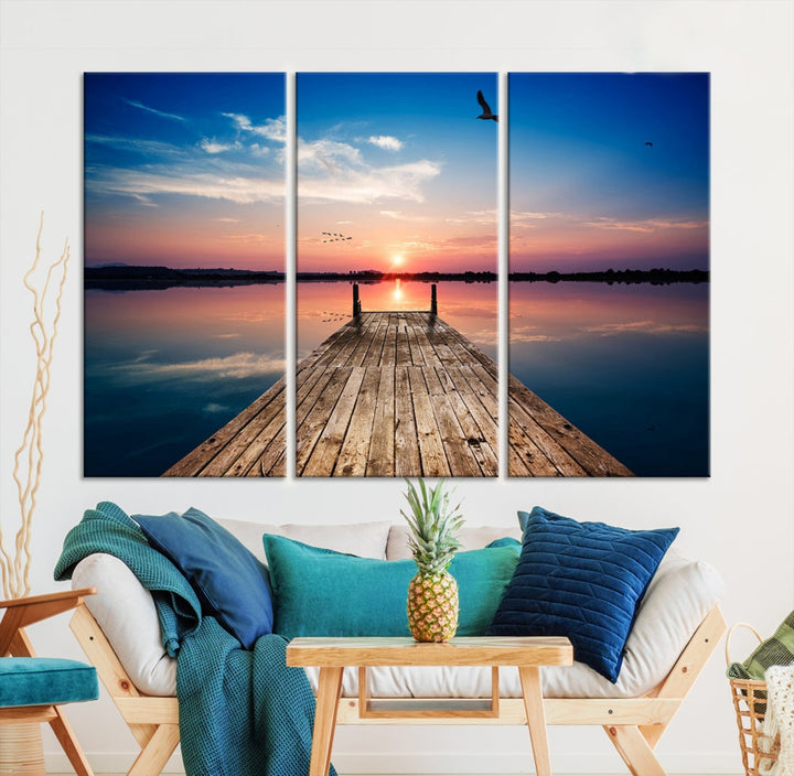 Breathtaking Sunset and Wooden Pier Canvas Wall Art Print Landscape Artwork for Decoration