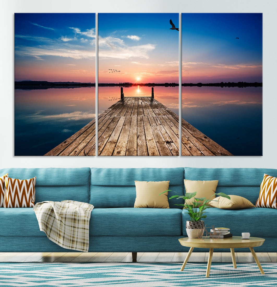 Breathtaking Sunset and Wooden Pier Canvas Wall Art Print Landscape Artwork for Decoration