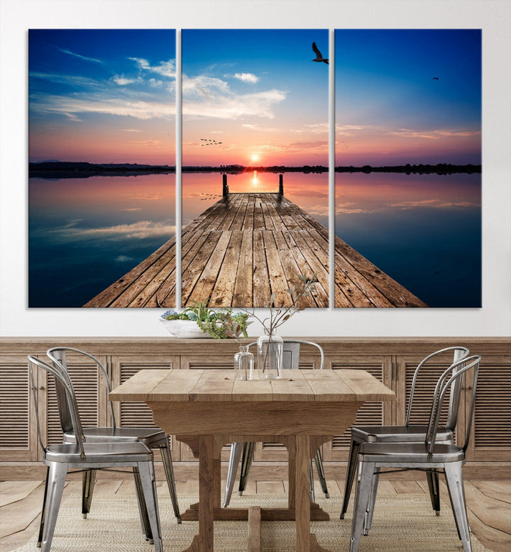 Breathtaking Sunset and Wooden Pier Canvas Wall Art Print Landscape Artwork for Decoration