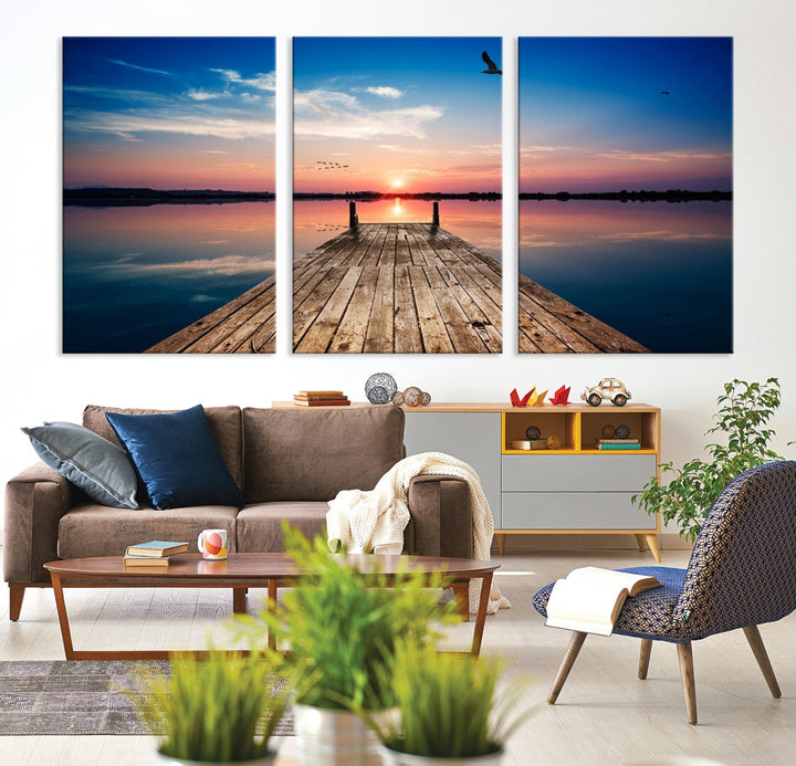 Breathtaking Sunset and Wooden Pier Canvas Wall Art Print Landscape Artwork for Decoration