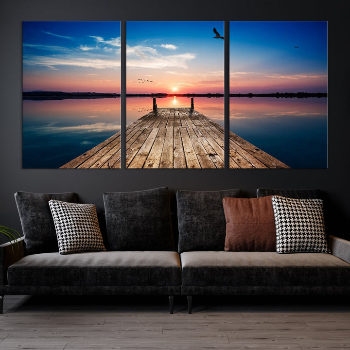 Breathtaking Sunset and Wooden Pier Canvas Wall Art Print Landscape Artwork for Decoration