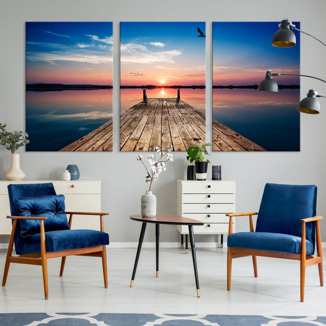 Breathtaking Sunset and Wooden Pier Canvas Wall Art Print Landscape Artwork for Decoration