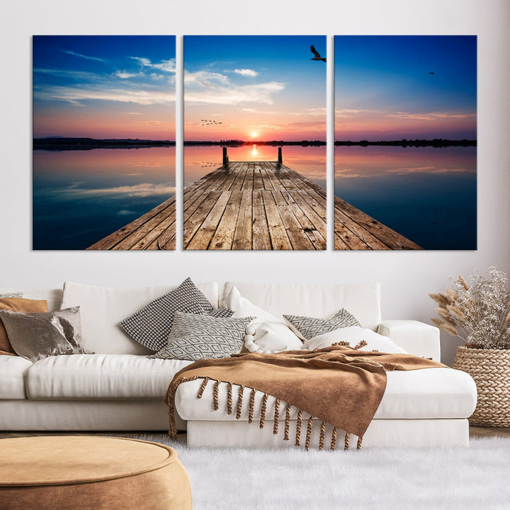 Breathtaking Sunset and Wooden Pier Canvas Wall Art Print Landscape Artwork for Decoration