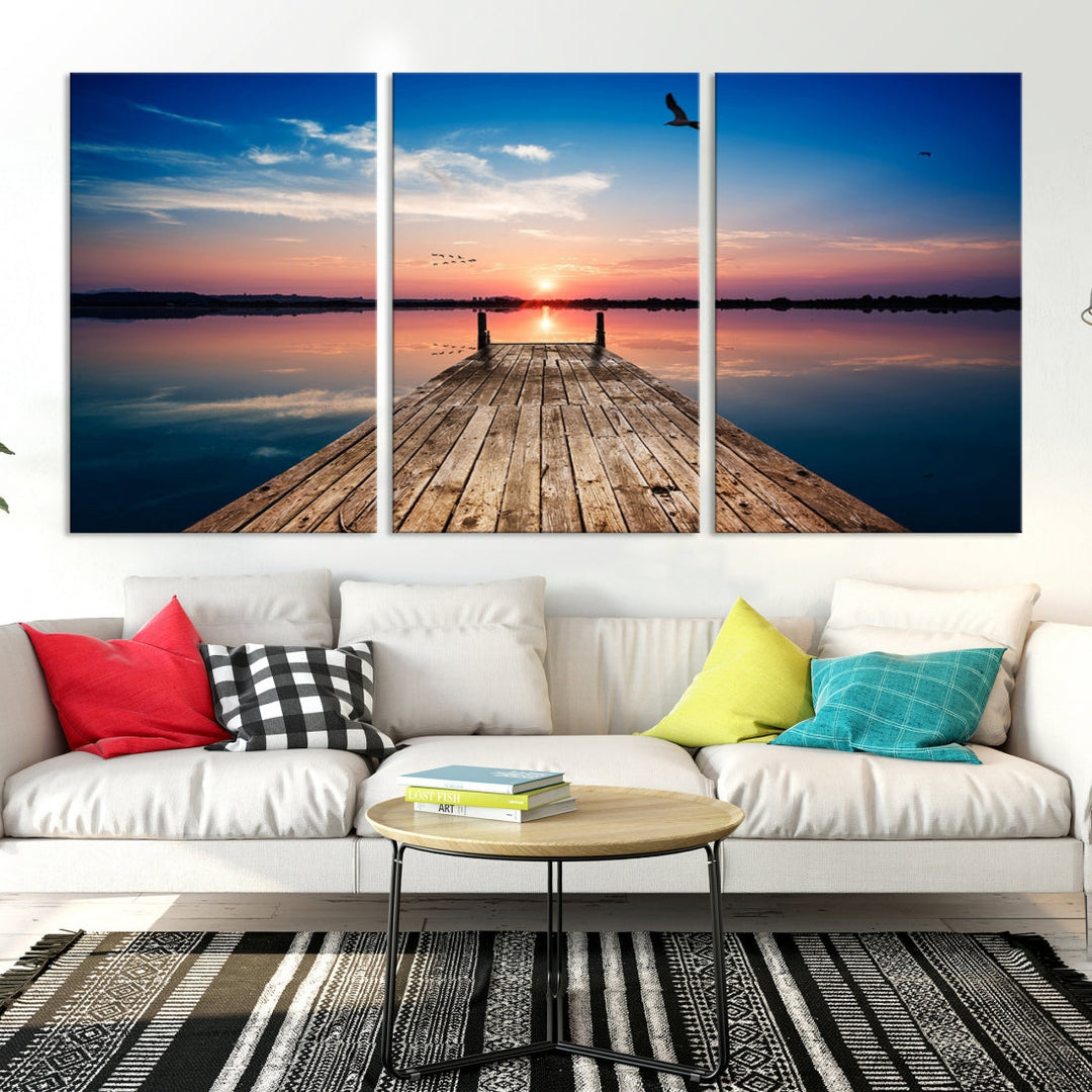 Breathtaking Sunset and Wooden Pier Canvas Wall Art Print Landscape Artwork for Decoration