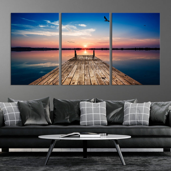 Breathtaking Sunset and Wooden Pier Canvas Wall Art Print Landscape Artwork for Decoration