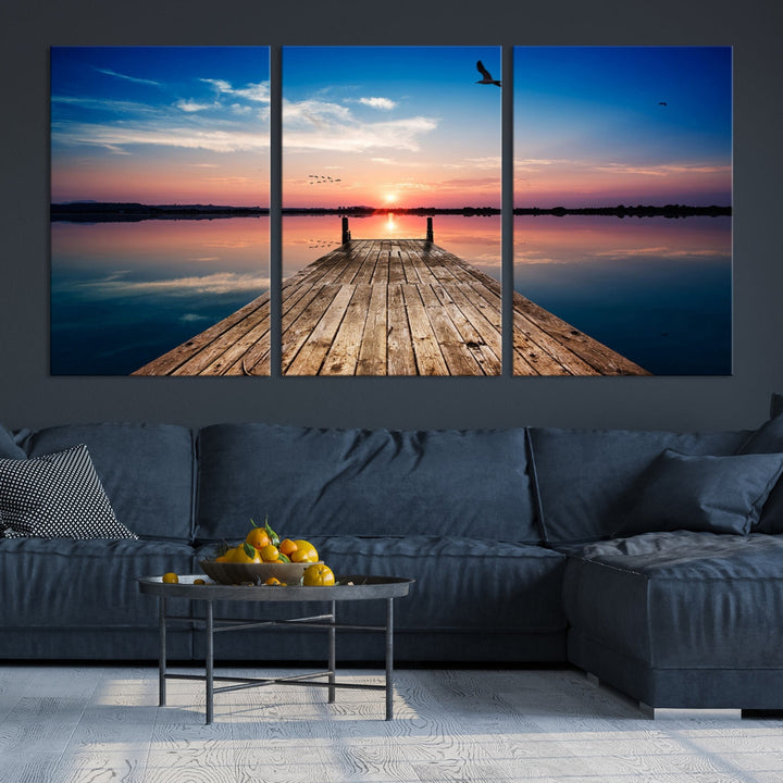 Breathtaking Sunset and Wooden Pier Canvas Wall Art Print Landscape Artwork for Decoration