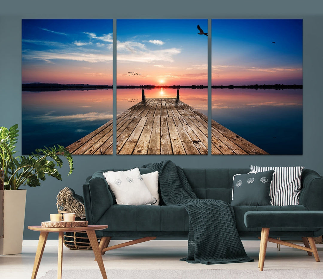 Breathtaking Sunset and Wooden Pier Canvas Wall Art Print Landscape Artwork for Decoration