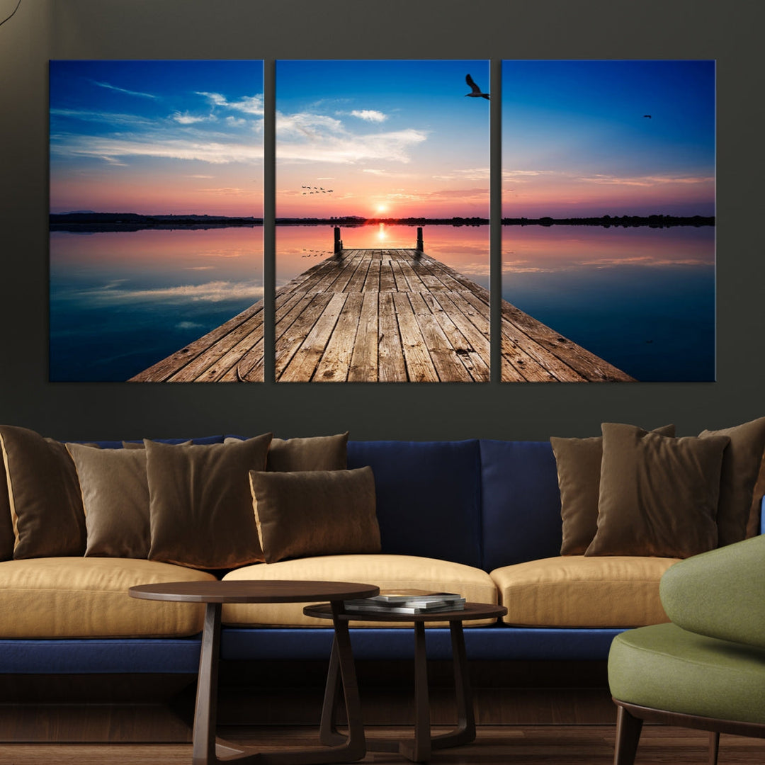 Breathtaking Sunset and Wooden Pier Canvas Wall Art Print Landscape Artwork for Decoration