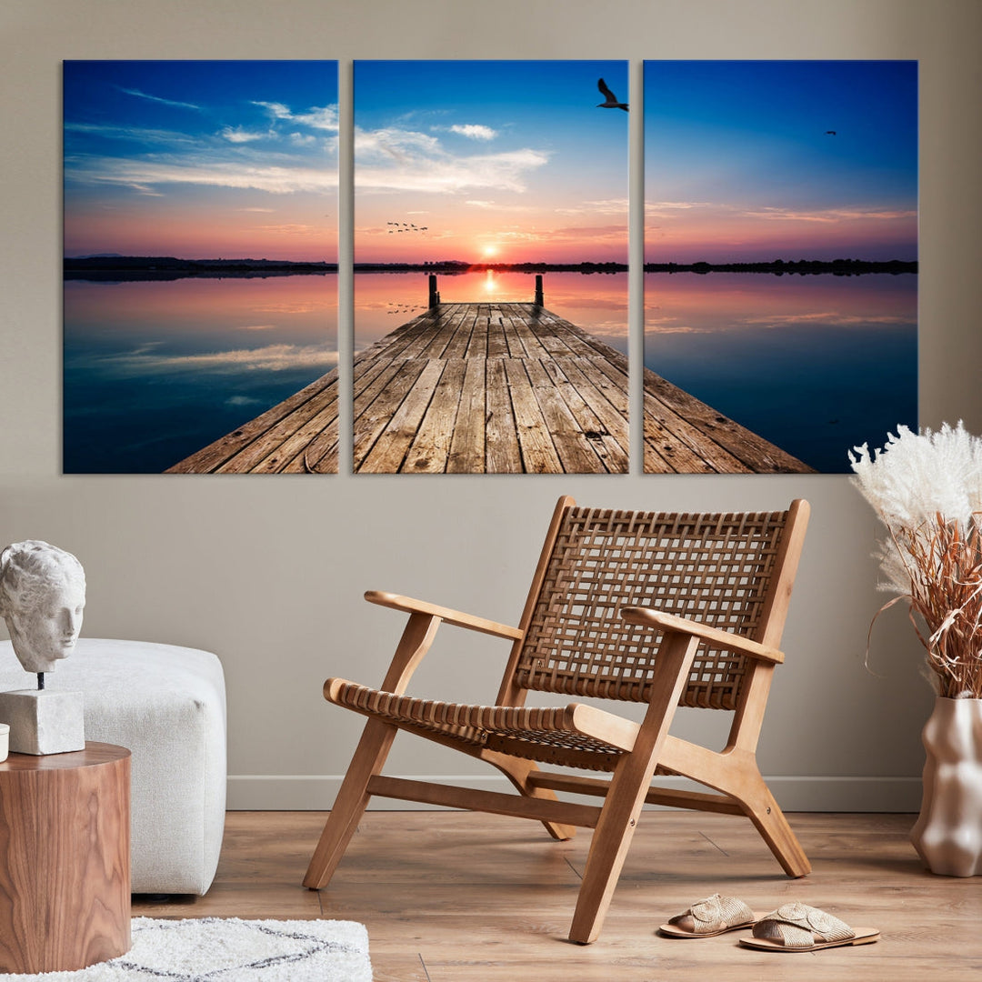 Breathtaking Sunset and Wooden Pier Canvas Wall Art Print Landscape Artwork for Decoration