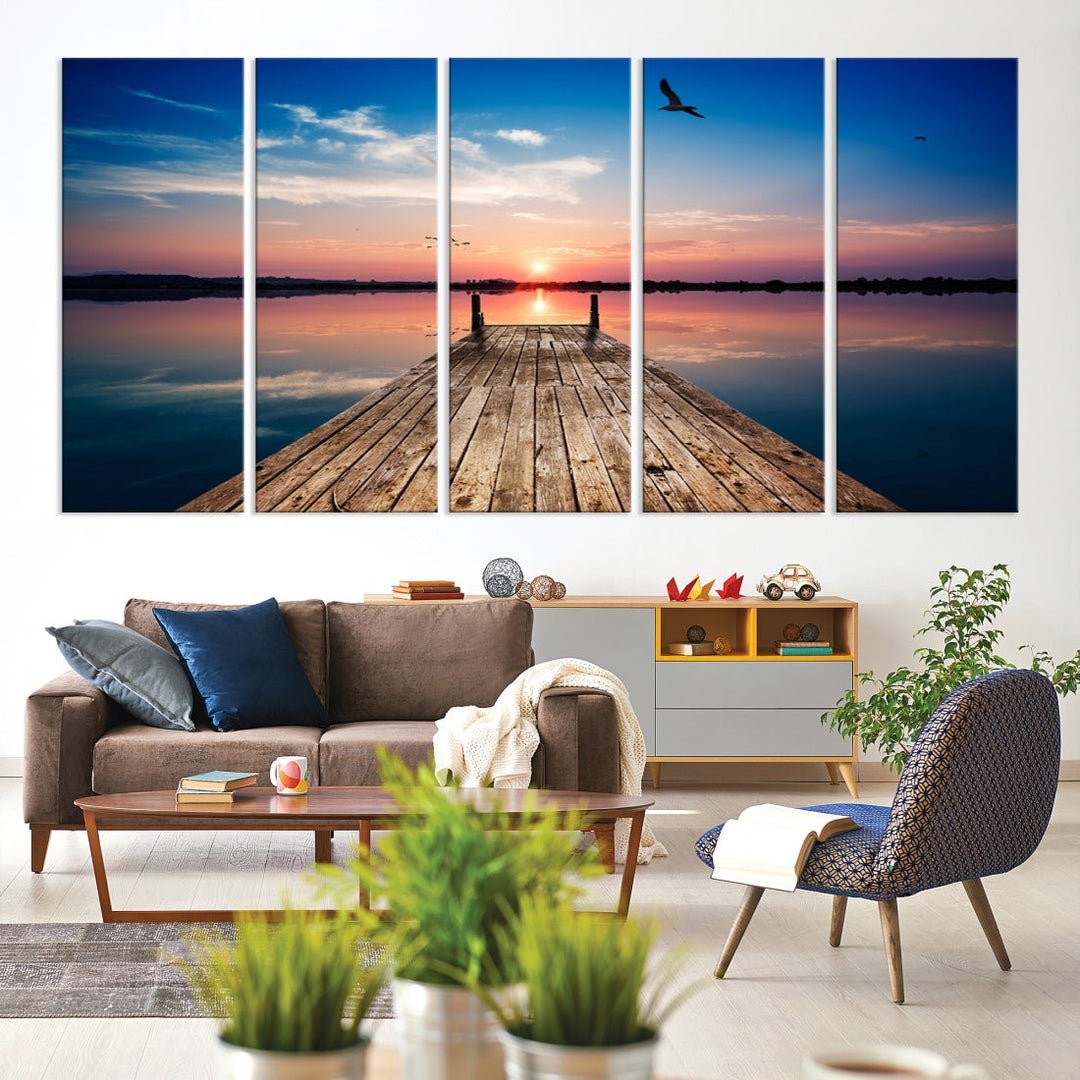 Breathtaking Sunset and Wooden Pier Canvas Wall Art Print Landscape Artwork for Decoration