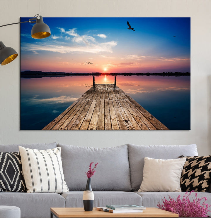 Breathtaking Sunset and Wooden Pier Canvas Wall Art Print Landscape Artwork for Decoration