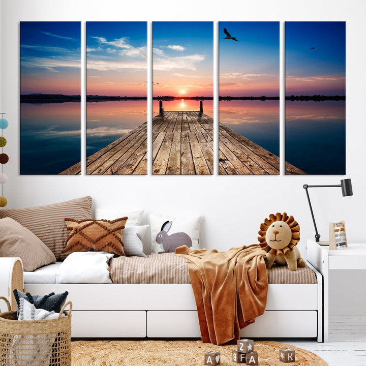 Breathtaking Sunset and Wooden Pier Canvas Wall Art Print Landscape Artwork for Decoration