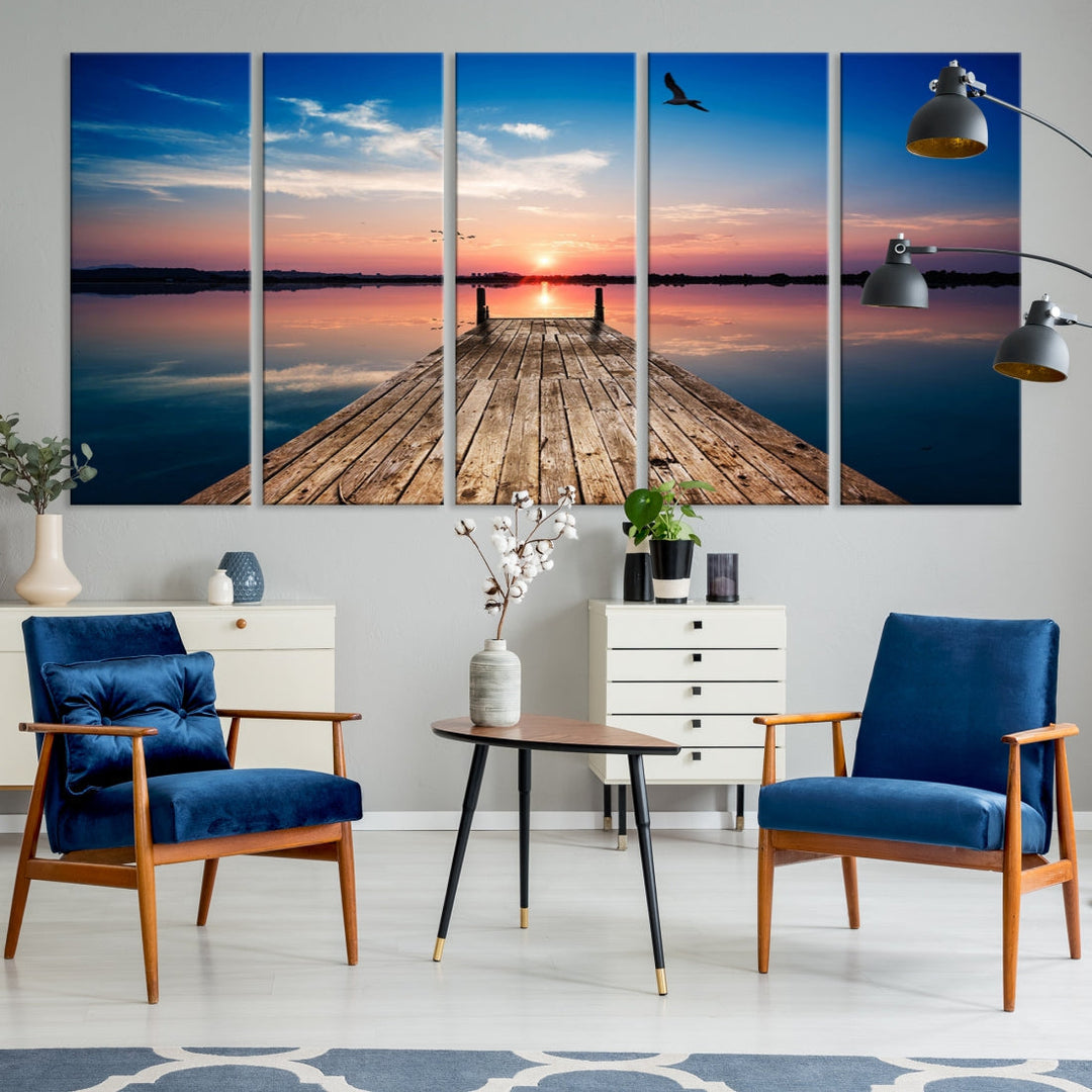 Breathtaking Sunset and Wooden Pier Canvas Wall Art Print Landscape Artwork for Decoration