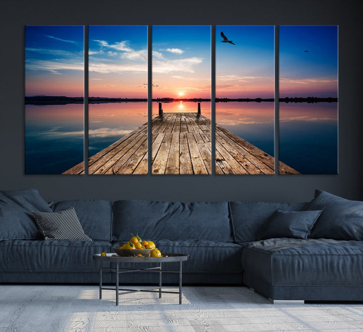 Breathtaking Sunset and Wooden Pier Canvas Wall Art Print Landscape Artwork for Decoration