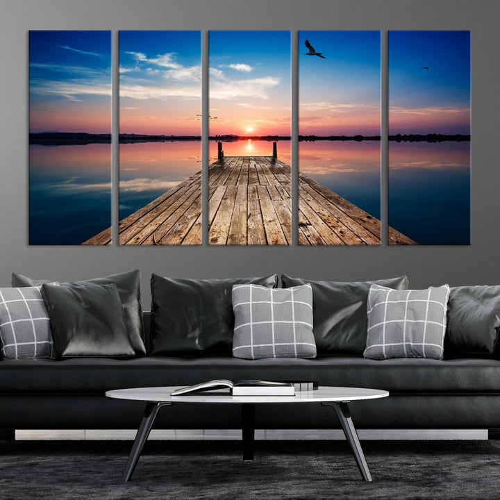 Breathtaking Sunset and Wooden Pier Canvas Wall Art Print Landscape Artwork for Decoration