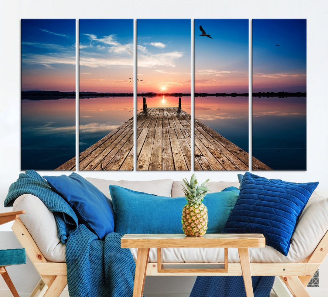 Breathtaking Sunset and Wooden Pier Canvas Wall Art Print Landscape Artwork for Decoration