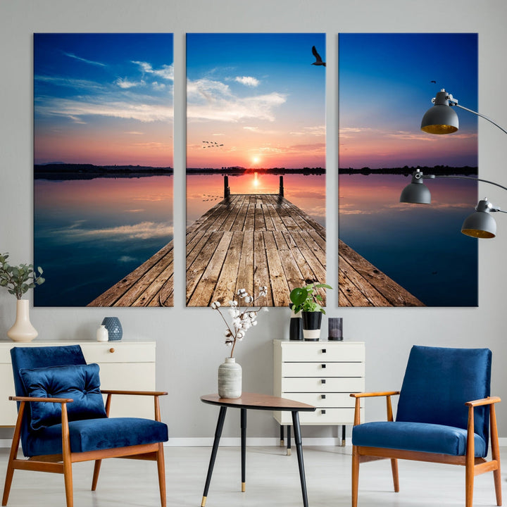 Breathtaking Sunset and Wooden Pier Canvas Wall Art Print Landscape Artwork for Decoration