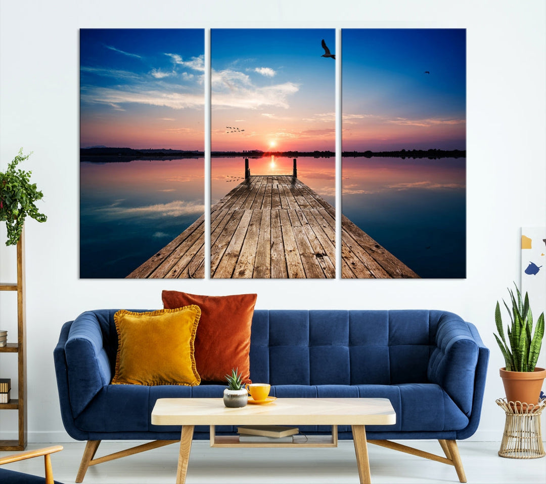 Breathtaking Sunset and Wooden Pier Canvas Wall Art Print Landscape Artwork for Decoration