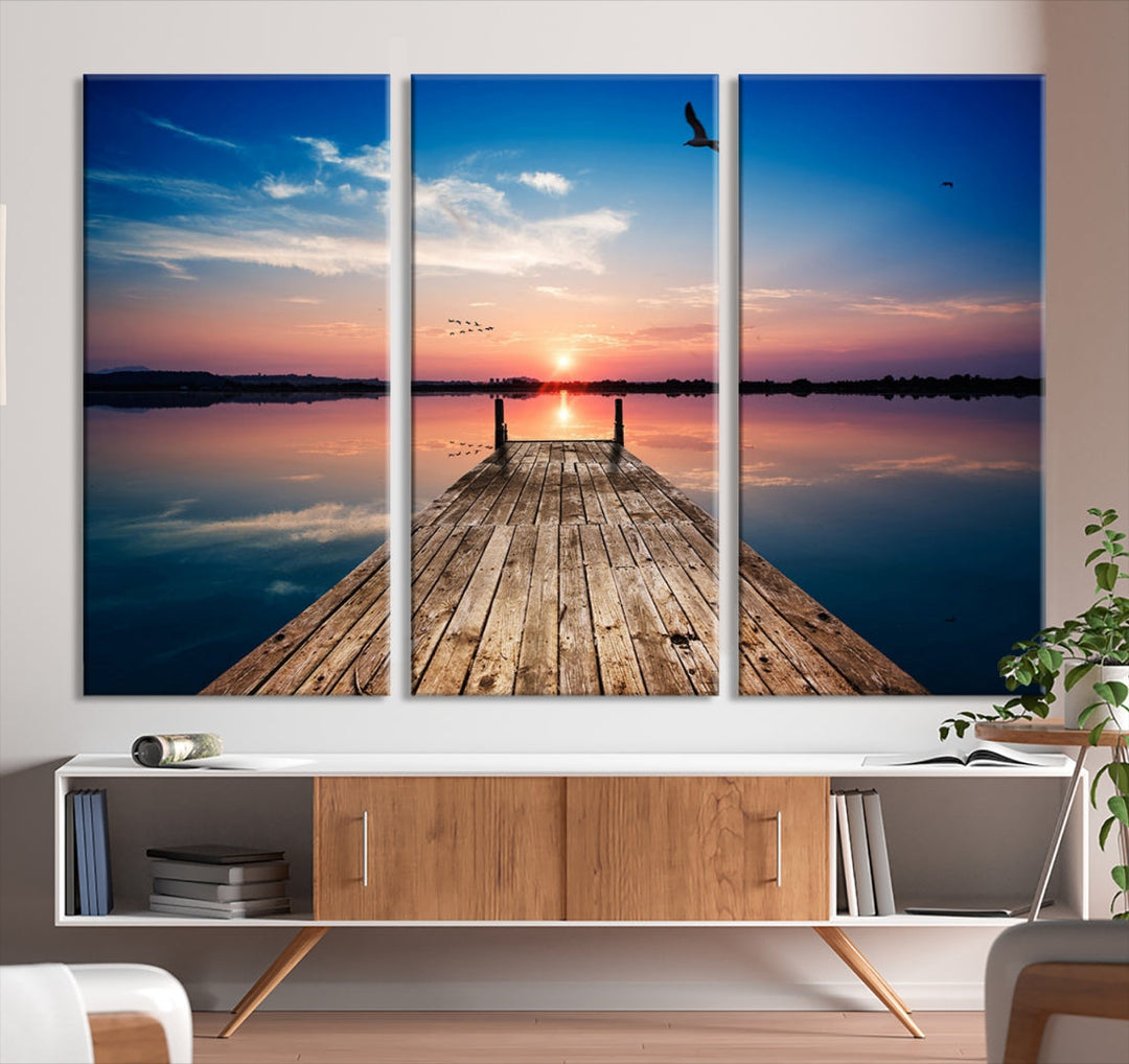 Breathtaking Sunset and Wooden Pier Canvas Wall Art Print Landscape Artwork for Decoration