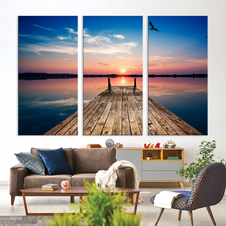 Breathtaking Sunset and Wooden Pier Canvas Wall Art Print Landscape Artwork for Decoration