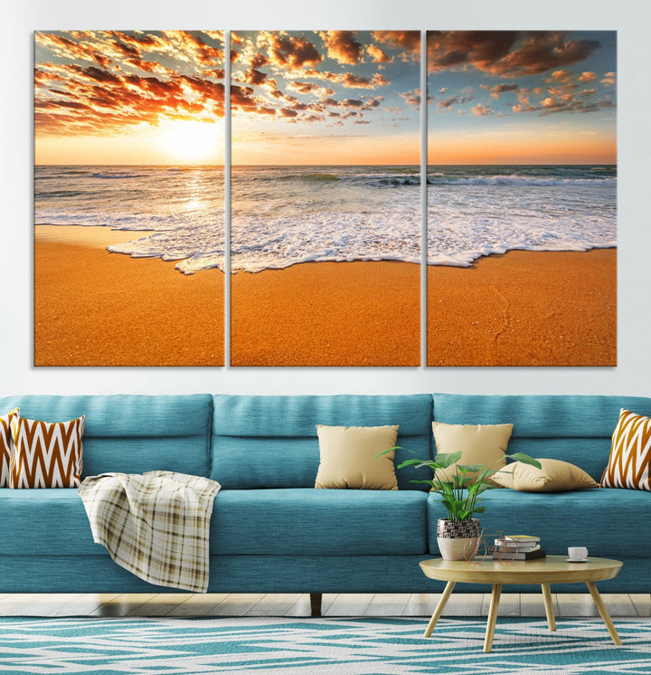 Breathtakingly Beautiful Ocean Sunset on Sandy Beach Extra Large Wall Art Canvas Print