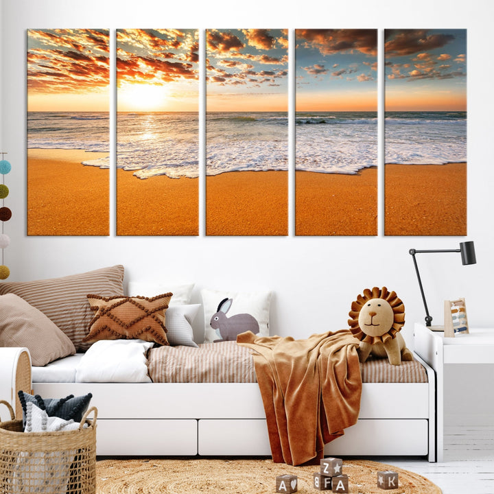 Breathtakingly Beautiful Ocean Sunset on Sandy Beach Extra Large Wall Art Canvas Print