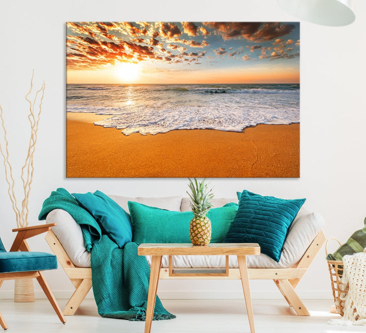 Breathtakingly Beautiful Ocean Sunset on Sandy Beach Extra Large Wall Art Canvas Print