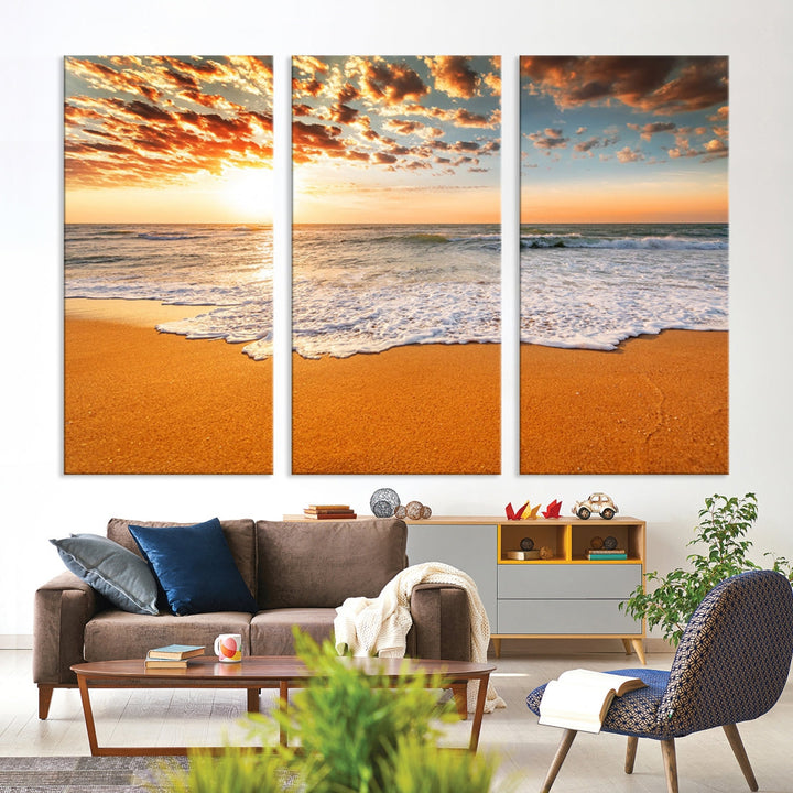 Breathtakingly Beautiful Ocean Sunset on Sandy Beach Extra Large Wall Art Canvas Print