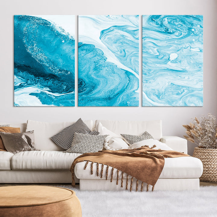 Bright Blue Abstract Painting on Canvas Large Marble Art Print