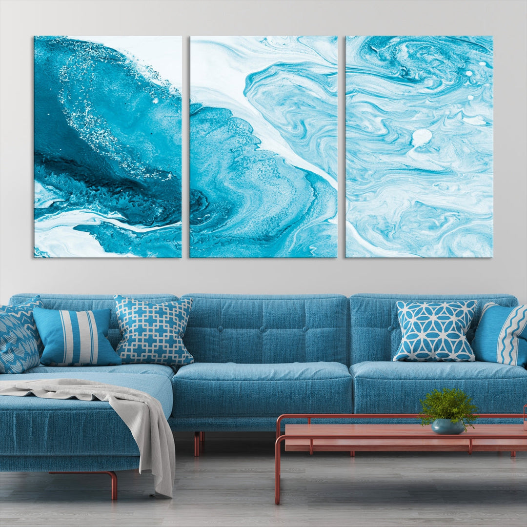 Bright Blue Abstract Painting on Canvas Large Marble Art Print