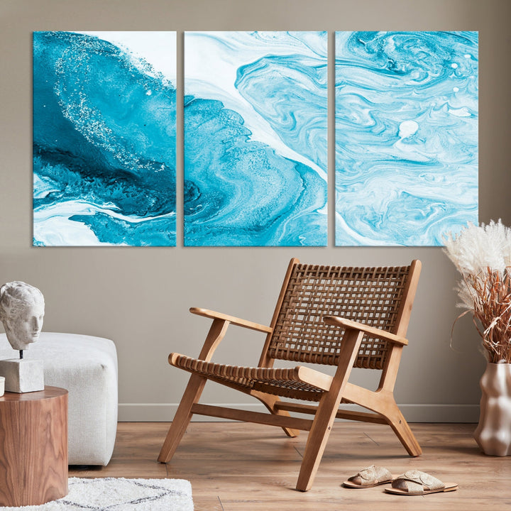 Bright Blue Abstract Painting on Canvas Large Marble Art Print