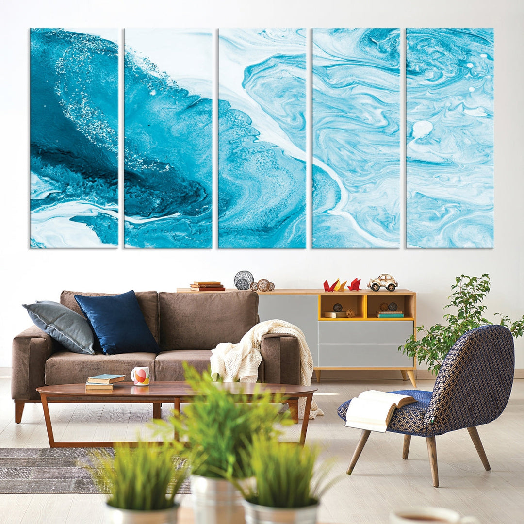 Bright Blue Abstract Painting on Canvas Large Marble Art Print