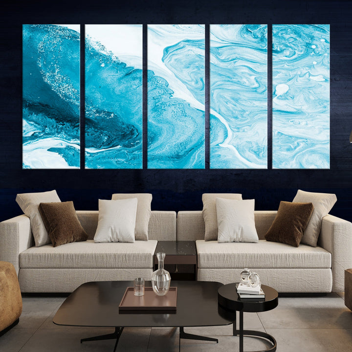 Bright Blue Abstract Painting on Canvas Large Marble Art Print