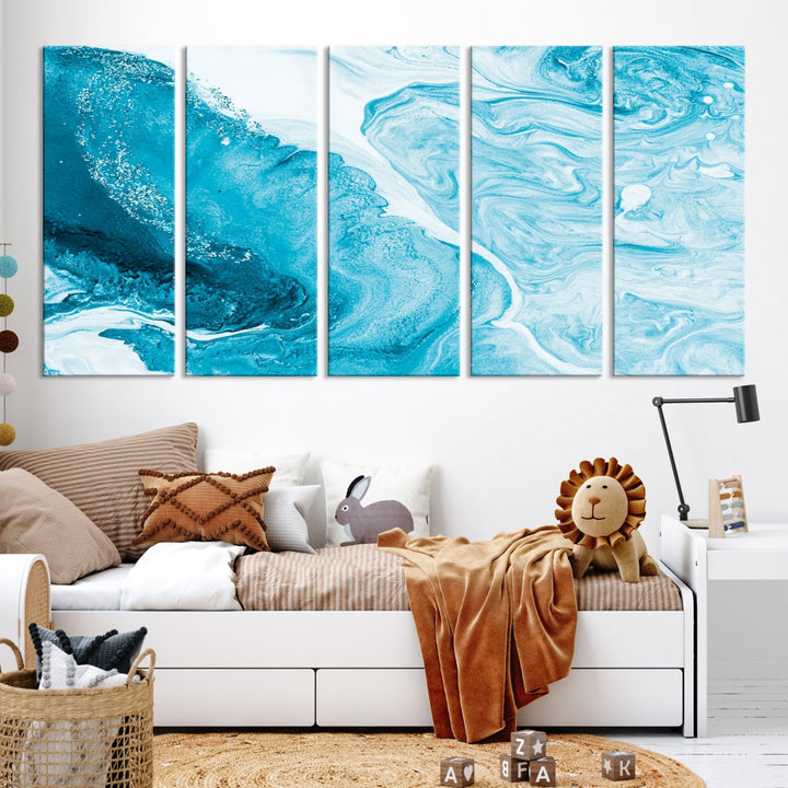 Bright Blue Abstract Painting on Canvas Large Marble Art Print